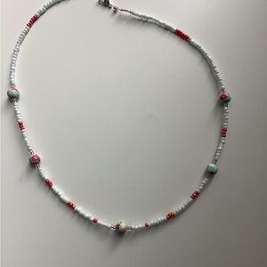 17 inch seed bead necklace with larger floral beads hand beaded